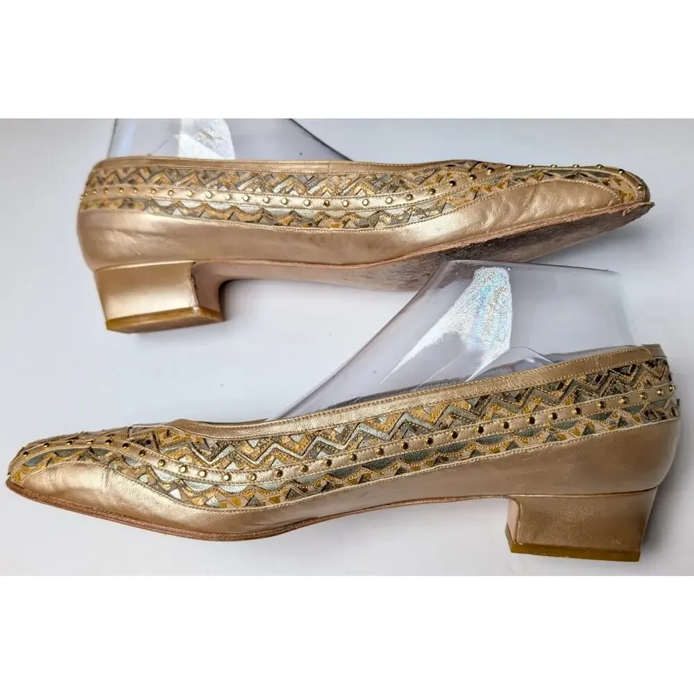 Vtg Margaret Jerrold Pointed Toe Pumps WOMENS 9.5N Gold Silver Art Deco Spain